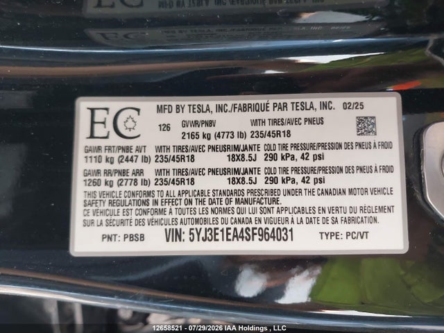 Auction sale of the 2025 Tesla Model 3 Premium Rear-wheel Drive, vin: 5YJ3E1EA4SF964031, lot number: 12658521