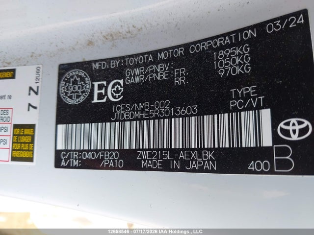 2024 Toyota Corolla Le/se/night Shade მანქანა იყიდება აუქციონზე, vin: JTDBDMHE5R3013603, აუქციონის ნომერი: 12658546