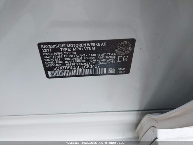 Продаж на аукціоні авто 2018 Bmw X3 Xdrive30i, vin: 5UXTR9C58JLC80427, номер лоту: 12658553