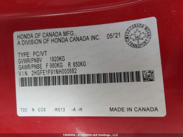 Honda Civic Touring 2022 2HGFE1F91NH000682 Image 9