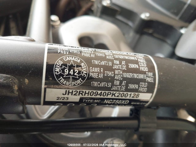 12658555 :رقم المزاد ، JH2RH0940PK200128 vin ، 2023 Honda Nc750 Xd مزاد بيع