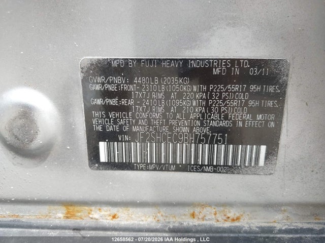 Продажа на аукционе авто 2011 Subaru Forester Limited, vin: JF2SHCEC9BH757751, номер лота: 12658562