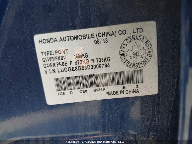 12658571 :رقم المزاد ، LUCGE8G53D3006794 vin ، 2013 Honda Fit Lx مزاد بيع