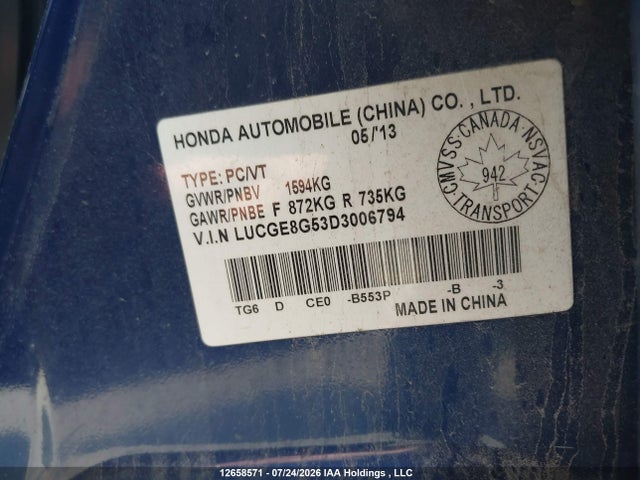 12658571 :رقم المزاد ، LUCGE8G53D3006794 vin ، 2013 Honda Fit Lx مزاد بيع