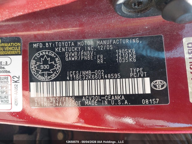 12658578 :رقم المزاد ، 4T1BE32K66U148595 vin ، 2006 Toyota Camry Le/xle/se مزاد بيع