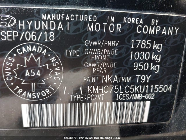12658579 :رقم المزاد ، KMHC75LC5KU115504 vin ، 2019 Hyundai Ioniq Sel مزاد بيع