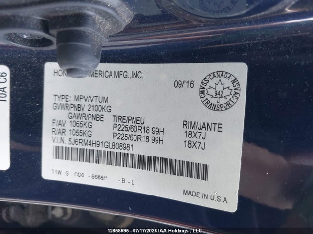 Aukcja sprzedaży 2016 Honda Cr-v Touring, vin: 5J6RM4H91GL808981, numer aukcji: 12658595