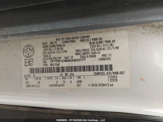 Ford Transit T-250 2019 1FTYR1CM6KKB53177 Image 9