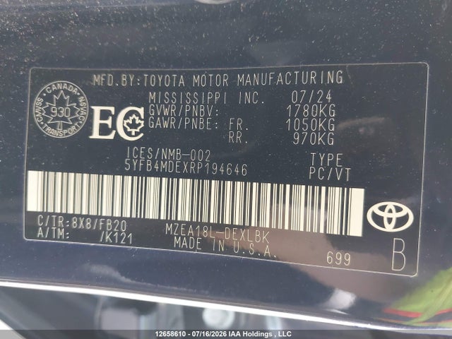 12658610 :رقم المزاد ، 5YFB4MDEXRP194646 vin ، 2024 Toyota Corolla Le مزاد بيع