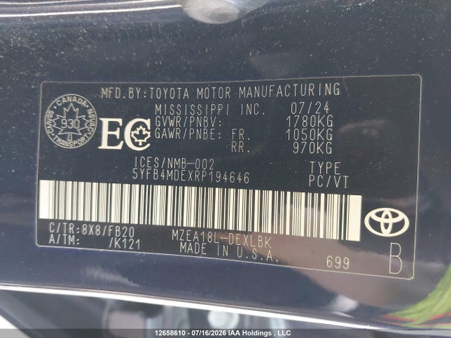 12658610 :رقم المزاد ، 5YFB4MDEXRP194646 vin ، 2024 Toyota Corolla Le مزاد بيع