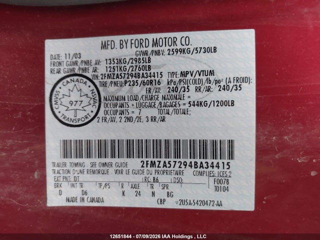 12651844 :رقم المزاد ، 2FMZA57294BA34415 vin ، 2004 Ford Freestar Sport مزاد بيع