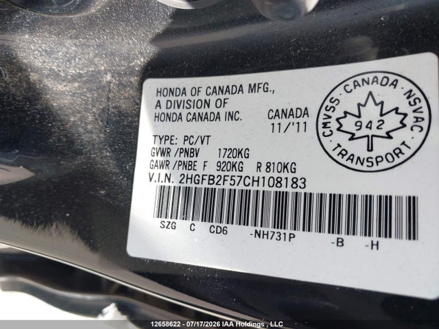 Aukcja sprzedaży 2012 Honda Civic Lx, vin: 2HGFB2F57CH108183, numer aukcji: 12658622