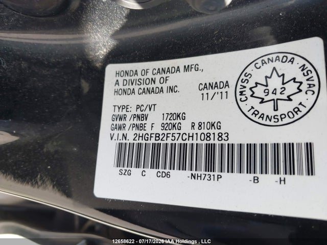 Aukcja sprzedaży 2012 Honda Civic Lx, vin: 2HGFB2F57CH108183, numer aukcji: 12658622