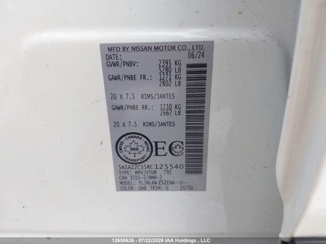 Aukcja sprzedaży 2024 Nissan Murano Midnight Edition/sl, vin: 5N1AZ2CS5RC125540, numer aukcji: 12658636