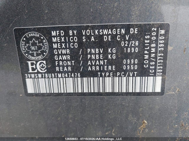 2026 Volkswagen Jetta Comfortline მანქანა იყიდება აუქციონზე, vin: 3VWSW7BU9TM047476, აუქციონის ნომერი: 12658653