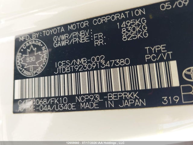 Aukcja sprzedaży 2009 Toyota Yaris, vin: JTDBT923091347380, numer aukcji: 12658660