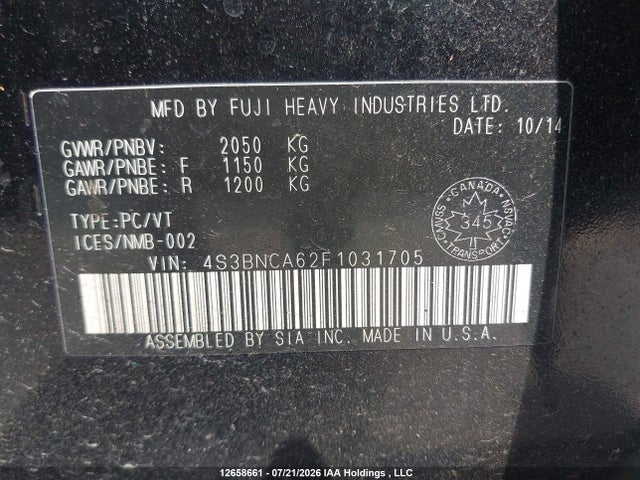 12658661 :رقم المزاد ، 4S3BNCA62F1031705 vin ، 2015 Subaru Legacy 2.5i مزاد بيع