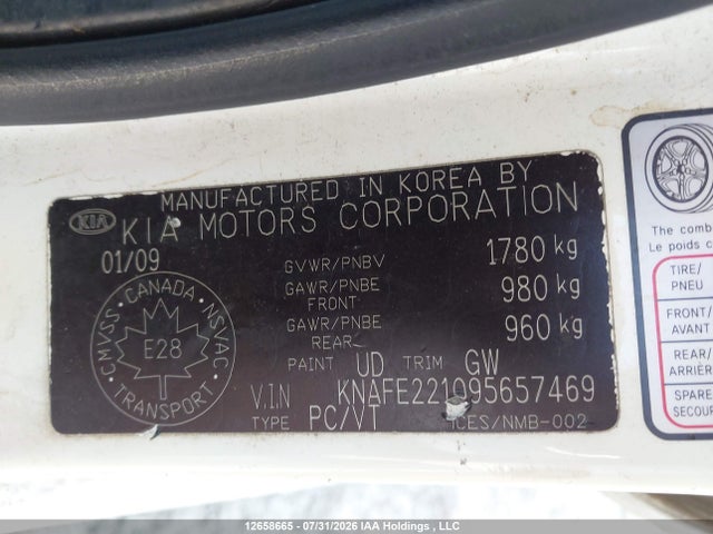 12658665 :رقم المزاد ، KNAFE221095657469 vin ، 2009 Kia Spectra Ex/lx/sx مزاد بيع