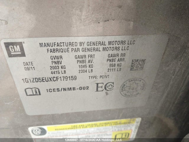 12658667 :رقم المزاد ، 1G1ZD5EUXCF179159 vin ، 2012 Chevrolet Malibu Lt Platium Edition مزاد بيع