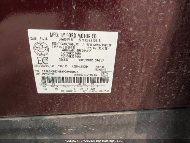 12658677 :رقم المزاد ، 1FM5K8DH8KGA65974 vin ، 2019 Ford Explorer Xlt مزاد بيع