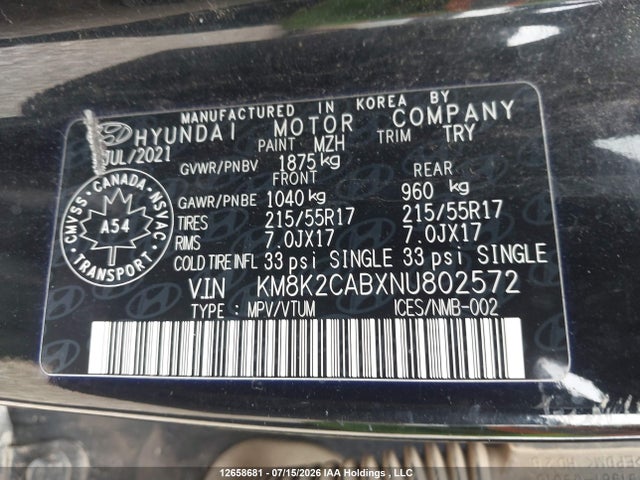 2022 Hyundai Kona Sel/se მანქანა იყიდება აუქციონზე, vin: KM8K2CABXNU802572, აუქციონის ნომერი: 12658681