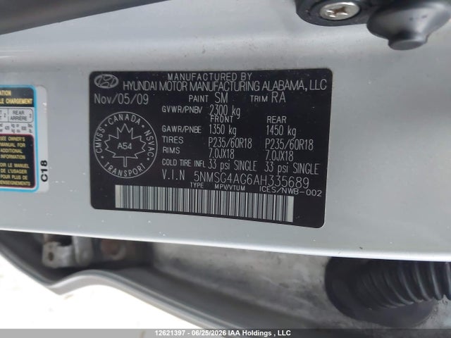 2010 Hyundai Santa Fe Gl 3.5 Sport მანქანა იყიდება აუქციონზე, vin: 5NMSG4AG6AH335689, აუქციონის ნომერი: 12621397