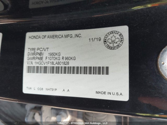 1HGCV1F18LA801828 Honda Accord Lx 1.5t