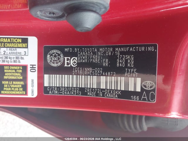 2016 Toyota Corolla S მანქანა იყიდება აუქციონზე, vin: 2T1BURHE5GC744873, აუქციონის ნომერი: 12640304