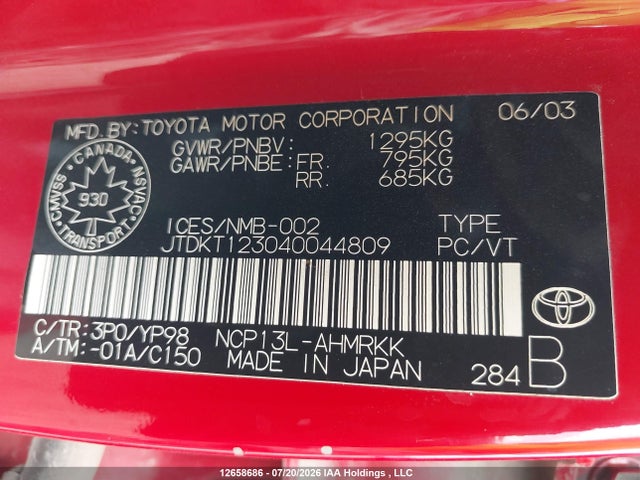 Aukcja sprzedaży 2004 Toyota Echo, vin: JTDKT123040044809, numer aukcji: 12658686