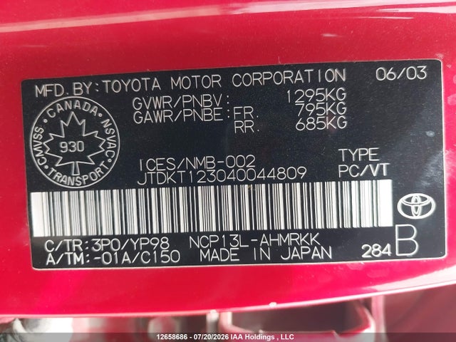 Aukcja sprzedaży 2004 Toyota Echo, vin: JTDKT123040044809, numer aukcji: 12658686