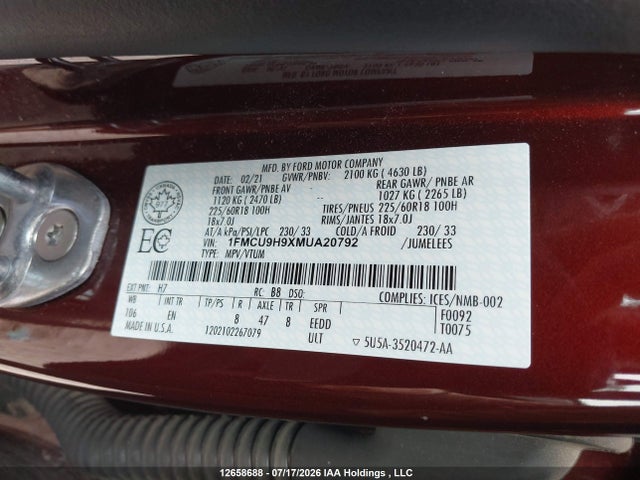 Продаж на аукціоні авто 2021 Ford Escape Sel, vin: 1FMCU9H9XMUA20792, номер лоту: 12658688