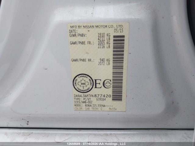 1N4AL3AP7FN877420 Nissan Altima 2.5/2.5 S/2.5 Sl/2.5 Sv