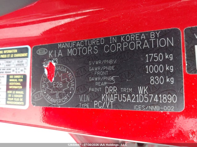 12658697 :رقم المزاد ، KNAFU5A21D5741890 vin ، 2013 Kia Forte مزاد بيع