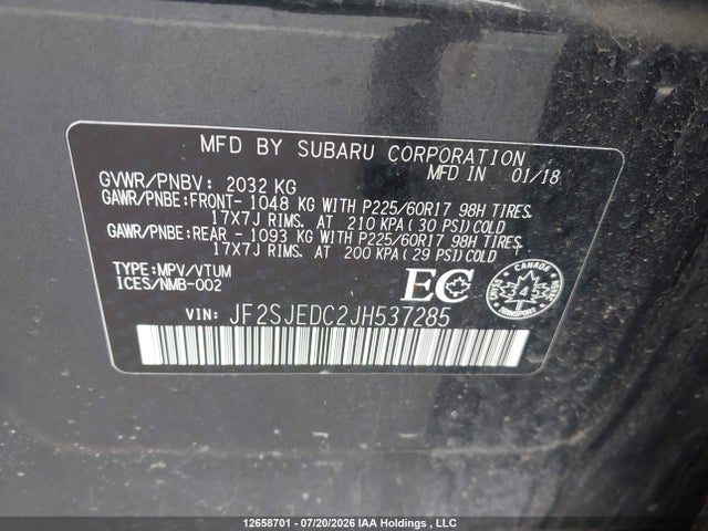 12658701 :رقم المزاد ، JF2SJEDC2JH537285 vin ، 2018 Subaru Forester 2.5i Convenience مزاد بيع