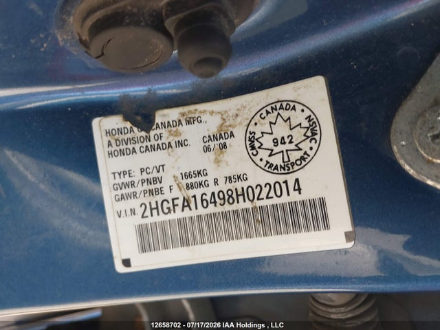 2008 Honda Civic Dx-g მანქანა იყიდება აუქციონზე, vin: 2HGFA16498H022014, აუქციონის ნომერი: 12658702