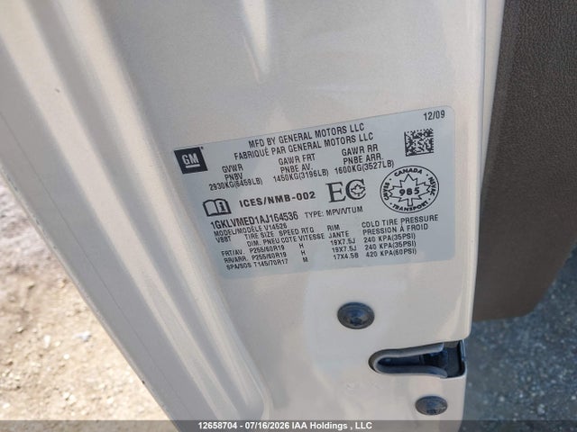 12658704 :رقم المزاد ، 1GKLVMED1AJ164536 vin ، 2010 Gmc Acadia Slt مزاد بيع