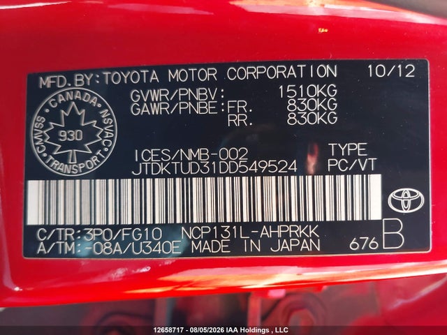 2013 Toyota Yaris Le მანქანა იყიდება აუქციონზე, vin: JTDKTUD31DD549524, აუქციონის ნომერი: 12658717