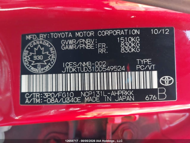 2013 Toyota Yaris Le მანქანა იყიდება აუქციონზე, vin: JTDKTUD31DD549524, აუქციონის ნომერი: 12658717