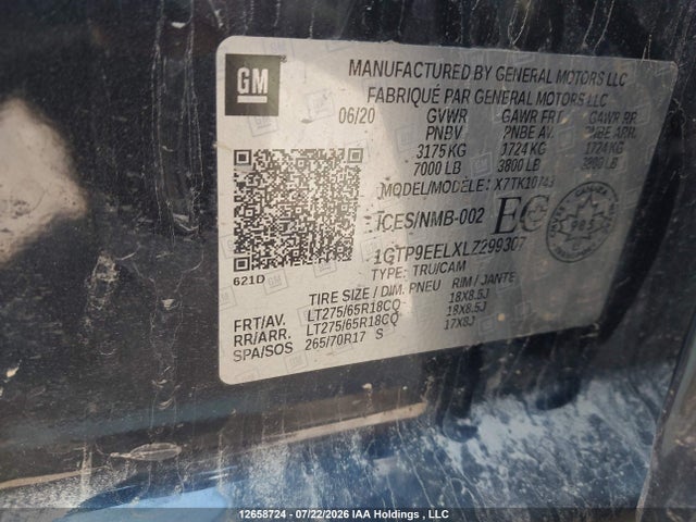 Auction sale of the 2020 Gmc Sierra 1500, vin: 1GTP9EELXLZ299307, lot number: 12658724