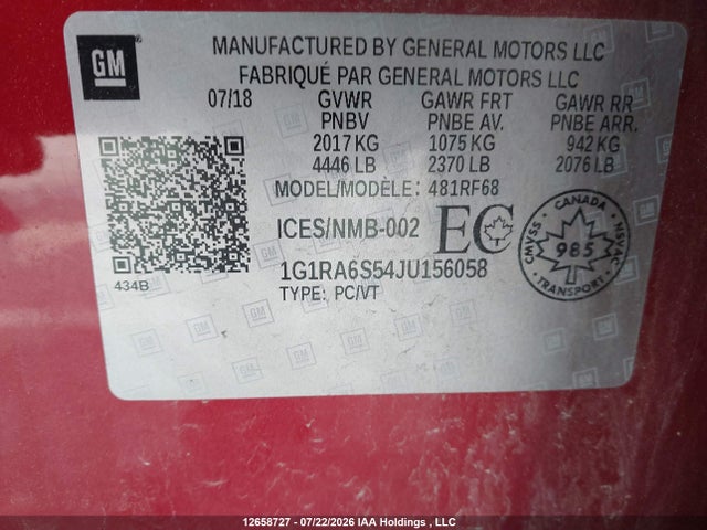 12658727 :رقم المزاد ، 1G1RA6S54JU156058 vin ، 2018 Chevrolet Volt مزاد بيع