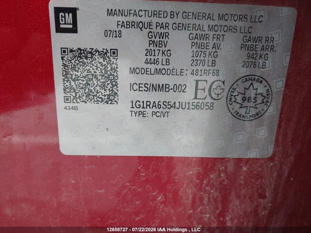 12658727 :رقم المزاد ، 1G1RA6S54JU156058 vin ، 2018 Chevrolet Volt مزاد بيع