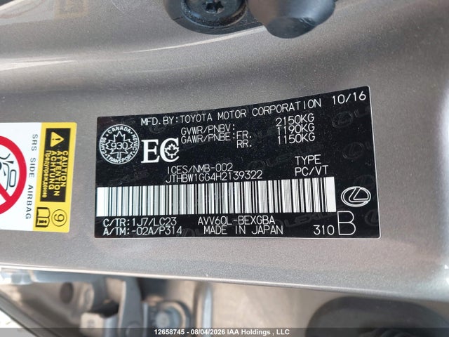 12658745 :رقم المزاد ، JTHBW1GG4H2139322 vin ، 2017 Lexus Es 300h 300h مزاد بيع