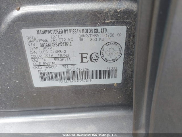 12658753 :رقم المزاد ، 3N1AB7AP8JY247618 vin ، 2018 Nissan Sentra S/sv/sr/sl مزاد بيع