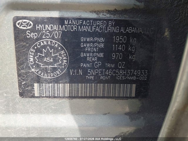 Продаж на аукціоні авто 2008 Hyundai Sonata Gl/gls, vin: 5NPET46C58H374933, номер лоту: 12658760