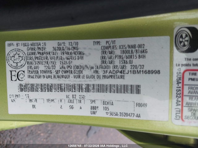 12658765 :رقم المزاد ، 3FADP4EJ1BM168998 vin ، 2011 Ford Fiesta Se مزاد بيع