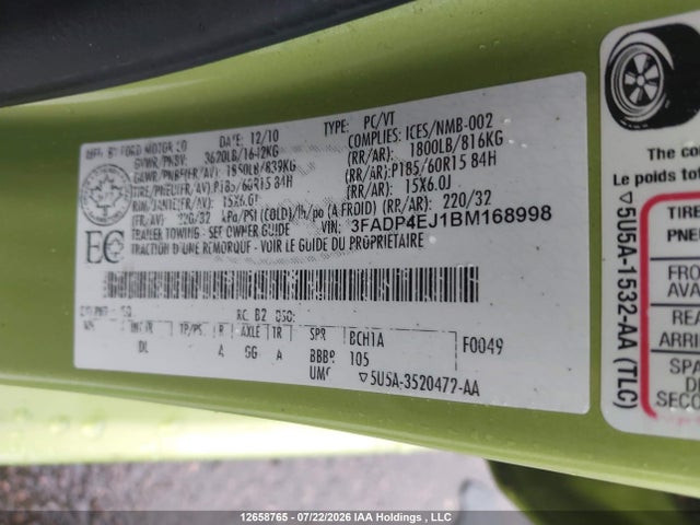 12658765 :رقم المزاد ، 3FADP4EJ1BM168998 vin ، 2011 Ford Fiesta Se مزاد بيع