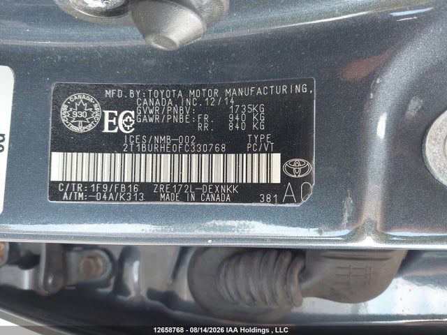 2015 Toyota Corolla Le მანქანა იყიდება აუქციონზე, vin: 2T1BURHE0FC330768, აუქციონის ნომერი: 12658768