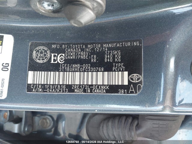 2015 Toyota Corolla Le მანქანა იყიდება აუქციონზე, vin: 2T1BURHE0FC330768, აუქციონის ნომერი: 12658768