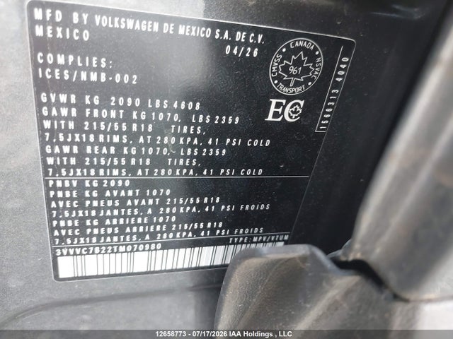 3VVVC7B22TM070980 Volkswagen Taos Comfortline 4motion