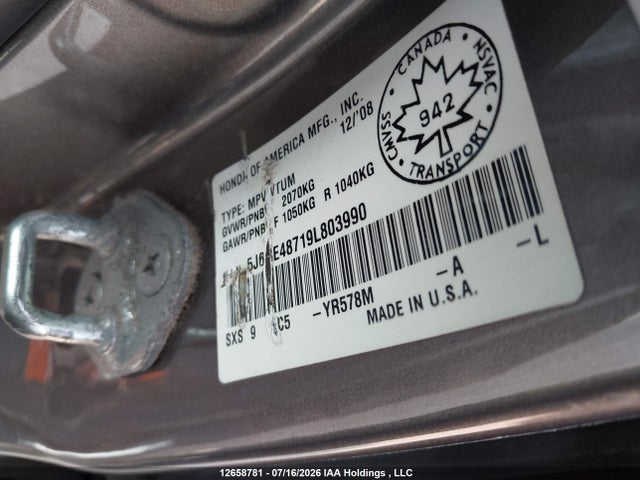 12658781 :رقم المزاد ، 5J6RE48719L803990 vin ، 2009 Honda Cr-v Exl مزاد بيع